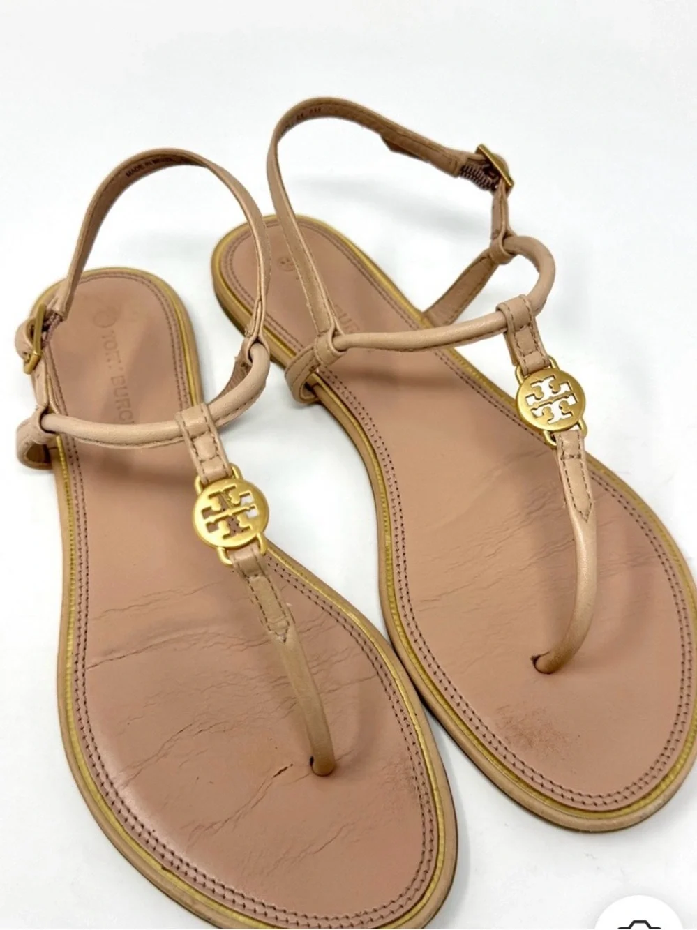 Tory Burch Nude Tan Leather Logo T-Strap Sandals